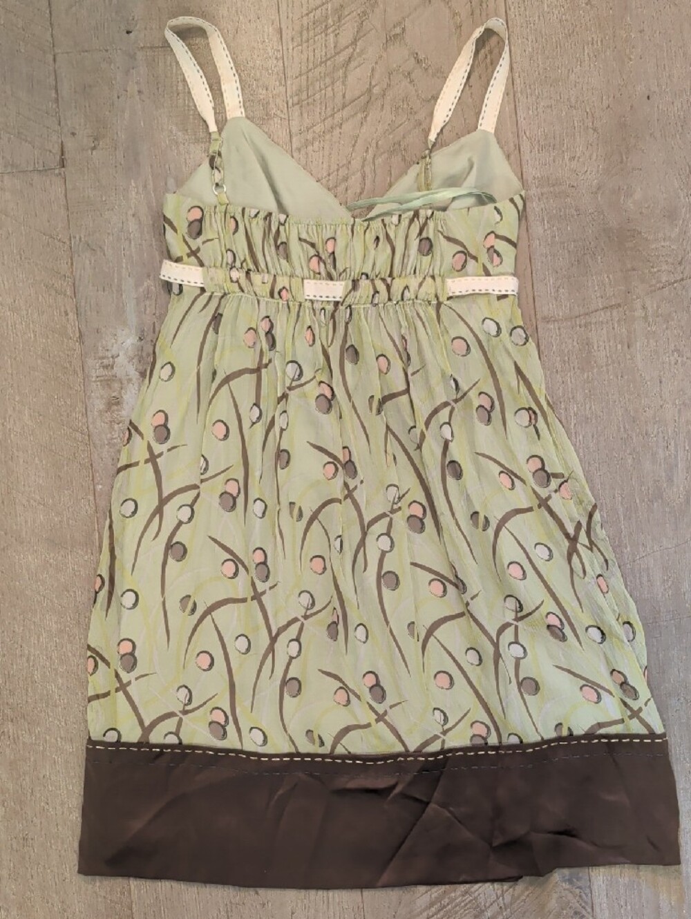BCBGMaxAzria Light Green Floral Chemise with Brown Hem and Cream Straps - Picture 5 of 9